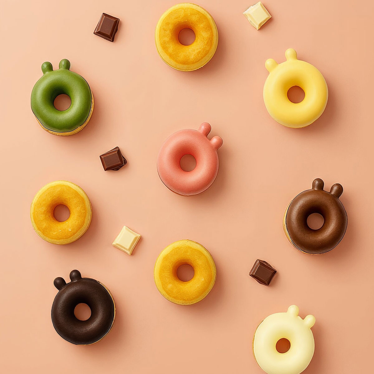 可愛造型甜甜圈多口味展示：草莓、抹茶、黑巧等